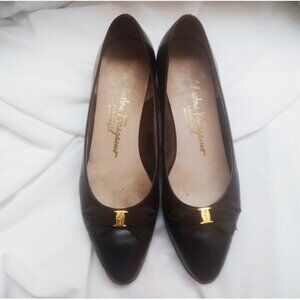 Salvatore Ferragamo Brown Leather Bow Heels Womens Size 6.5 Vintage Kitten Block